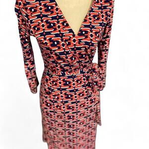 Felicity & Coco Wrap Dress Art Deco Print - Size XS Coral Red & Navy Long Sleeve